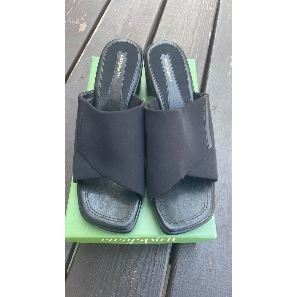 Easy Spirit Eszion Black‎ Fabric Block Heel Slide Sandals Womens 8 M Square Toe